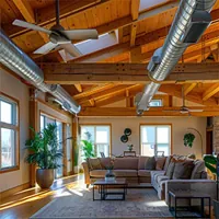 living room with exposed aircon ducts