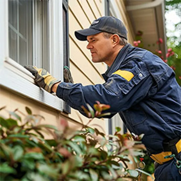 pest control tech checking window sill for bugs
