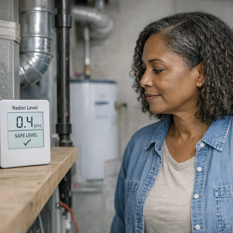 A woman checks the radon level in her basement, ensuring a safe environment with modern technology.