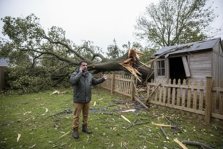 Man talking on a phone stands in front of a large fallen tree that has crushed a wooden fence and damaged a small shed.