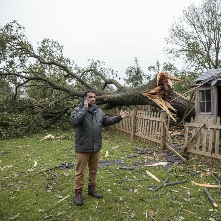 Man talking on a phone stands in front of a large fallen tree that has crushed a wooden fence and damaged a small shed.