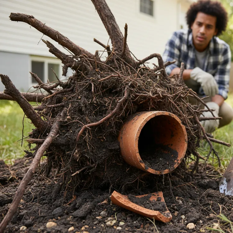 Man in gloves crouching in a garden next to a large uprooted tree with exposed roots and a broken clay pot.