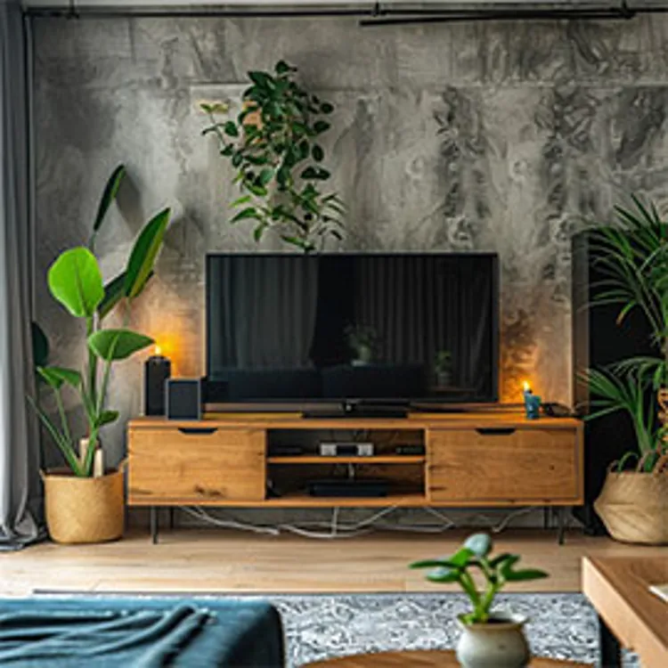 large screen tv atop a wooden console in a living room