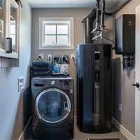 water softener next to a frontload washing machine