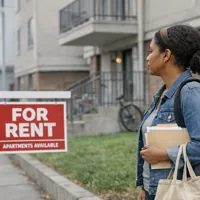 Woman holding documents standing next to a for rent sign on a city sidewalk.