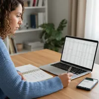 Woman in a blue sweater working at a wooden desk with a laptop displaying a spreadsheet, a notebook, and a smartphone.