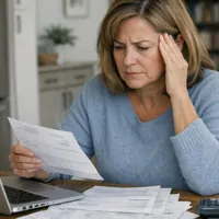 Woman in a blue sweater looking at bills with a laptop and calculator on the table.