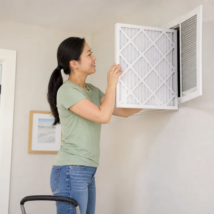 Woman replacing an air filter in a wall vent inside a home living room
