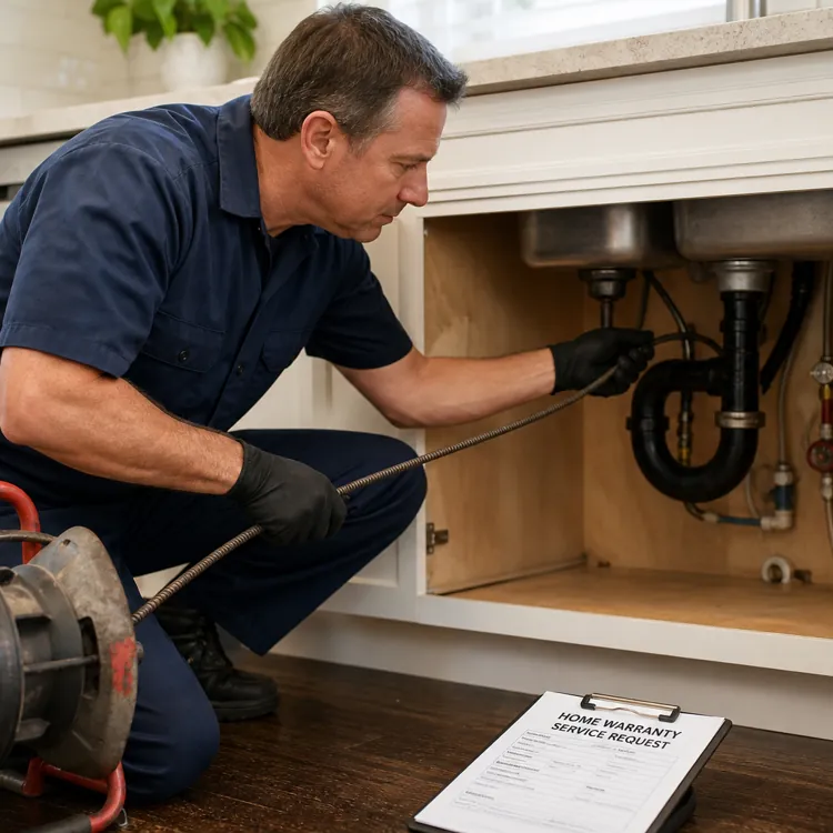 Plumber using a drain snake on pipes under a kitchen sink with a home warranty form nearby
