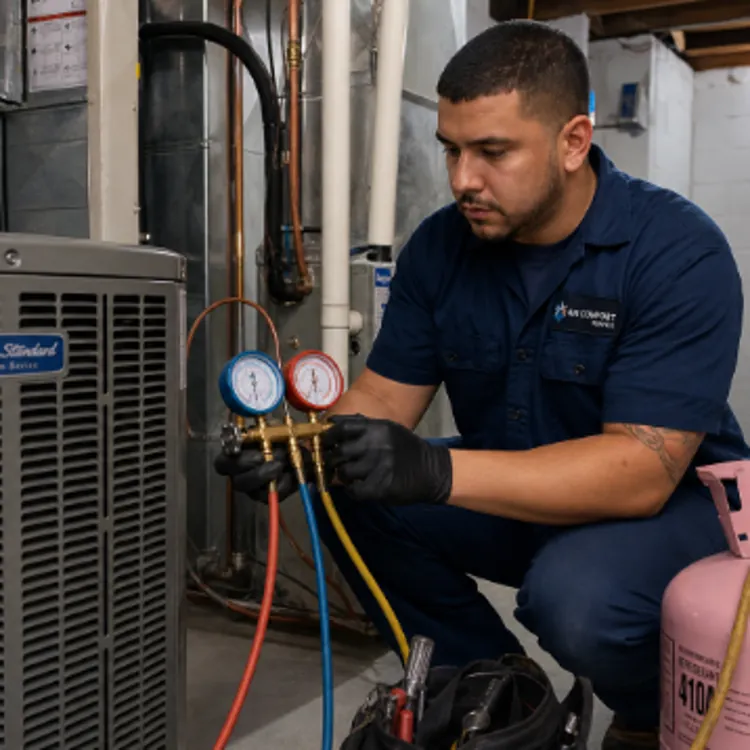 Technician in blue uniform checks gauges on air conditioning unit in basement with freon tank nearby