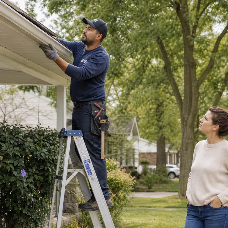 Contractor on ladder inspecting roof while woman watches in front yard