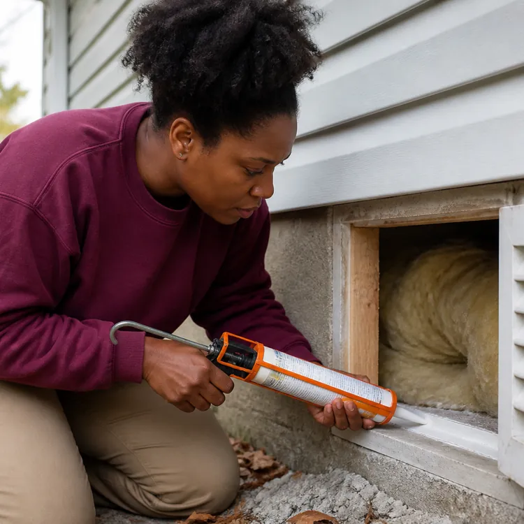 Person applying caulk near an exterior vent opening with insulation visible inside