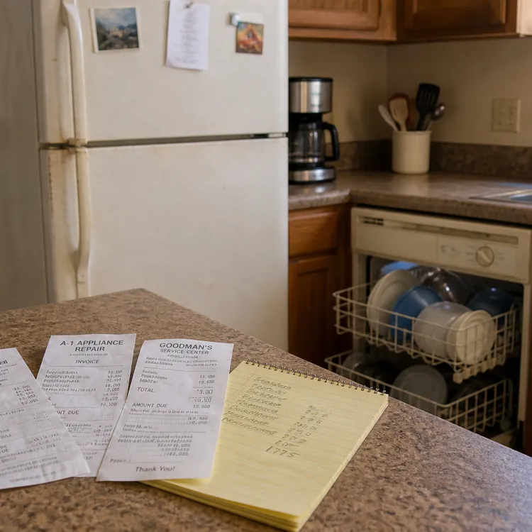 Receipts and a notepad on a kitchen counter with an open dishwasher and refrigerator in the background