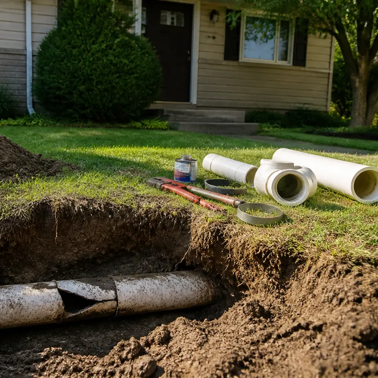 Broken underground pipe exposed in a dug-up yard with repair tools and replacement pipes nearby