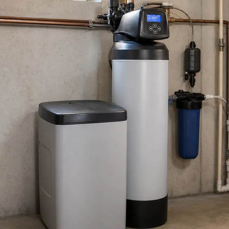 Water softener system and filter installed in a basement