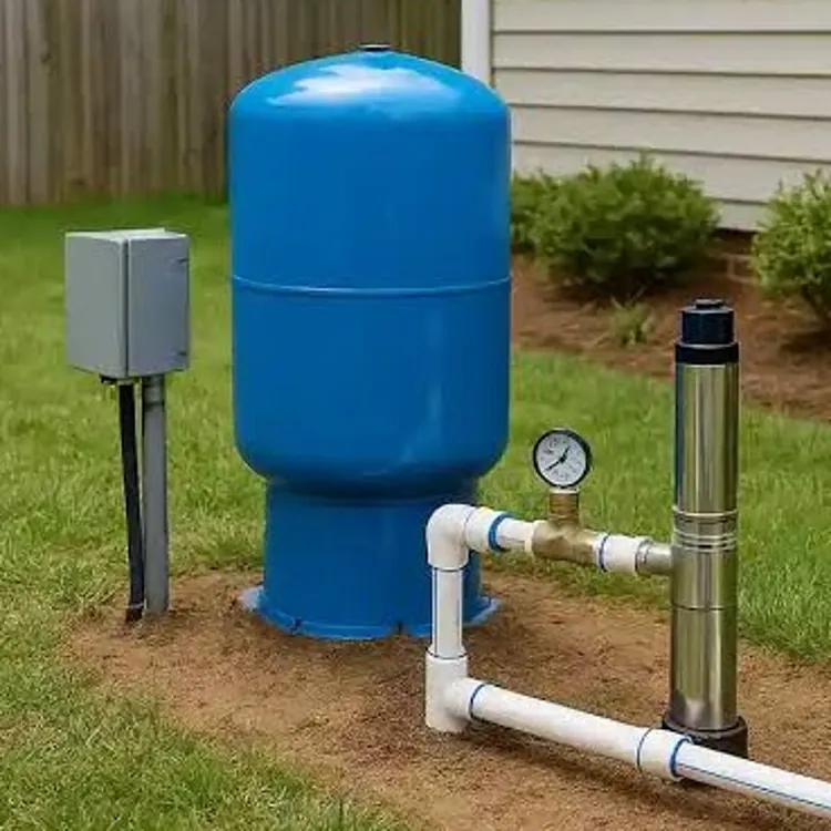 A well pump and blue pressure tank setup installed next to a house on a grassy yard.