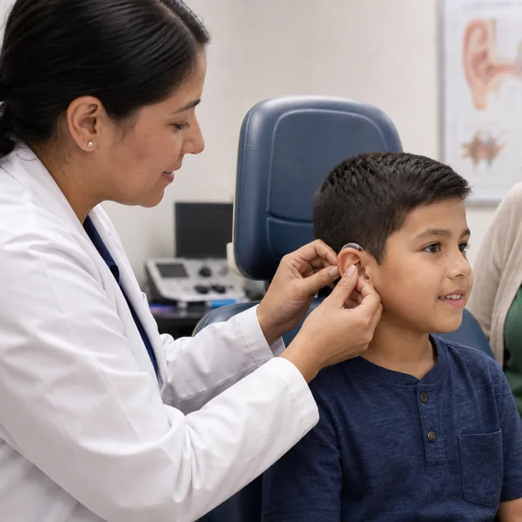 Audiologist fitting a hearing aid on a young boy while a woman smiles nearby in a clinic room