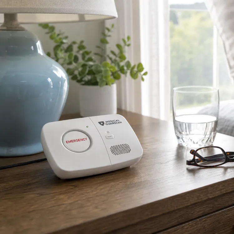 Medical alert device, glasses, and water glass on a wooden nightstand beside a bed