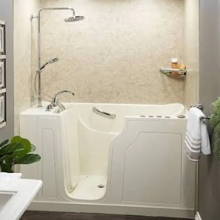 Walk-in bathtub with showerhead and grab bars in a modern bathroom setting