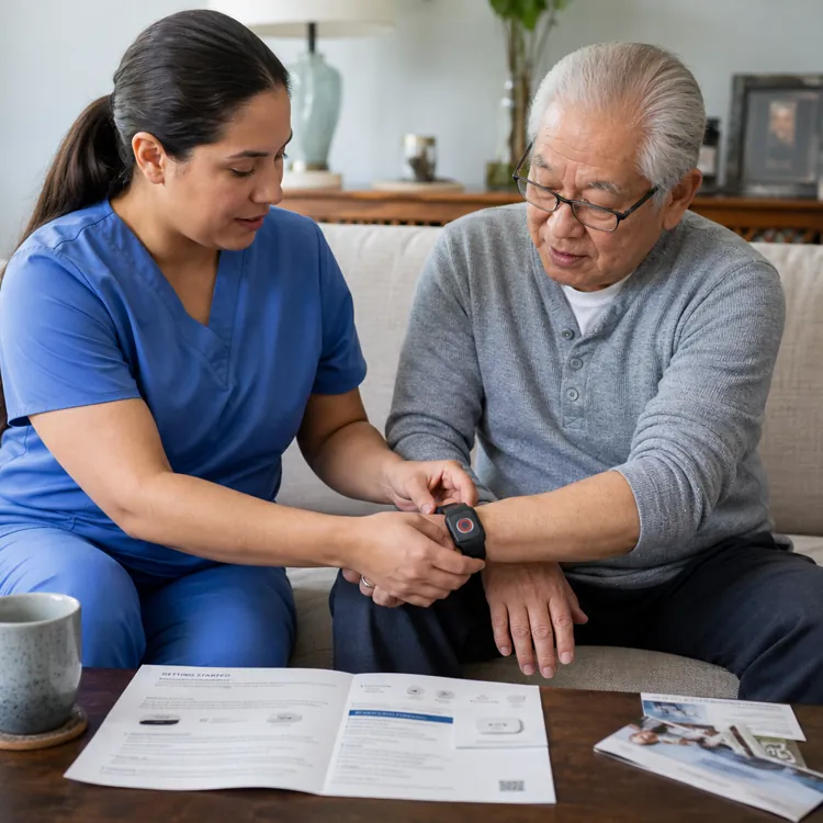 Nurse in blue scrubs helping an elderly man put on a smartwatch while sitting on a sofa