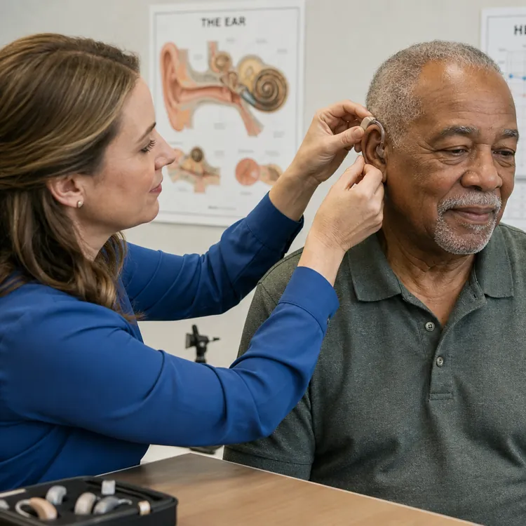 Audiologist fitting a hearing aid on an older man in a clinic with hearing charts on the wall