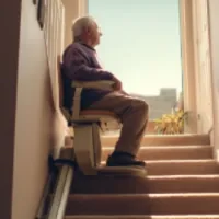 a man riding a stairlift up some stairs