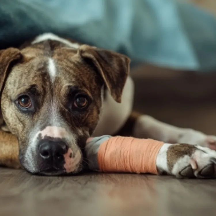 a dog with a leg in a cast