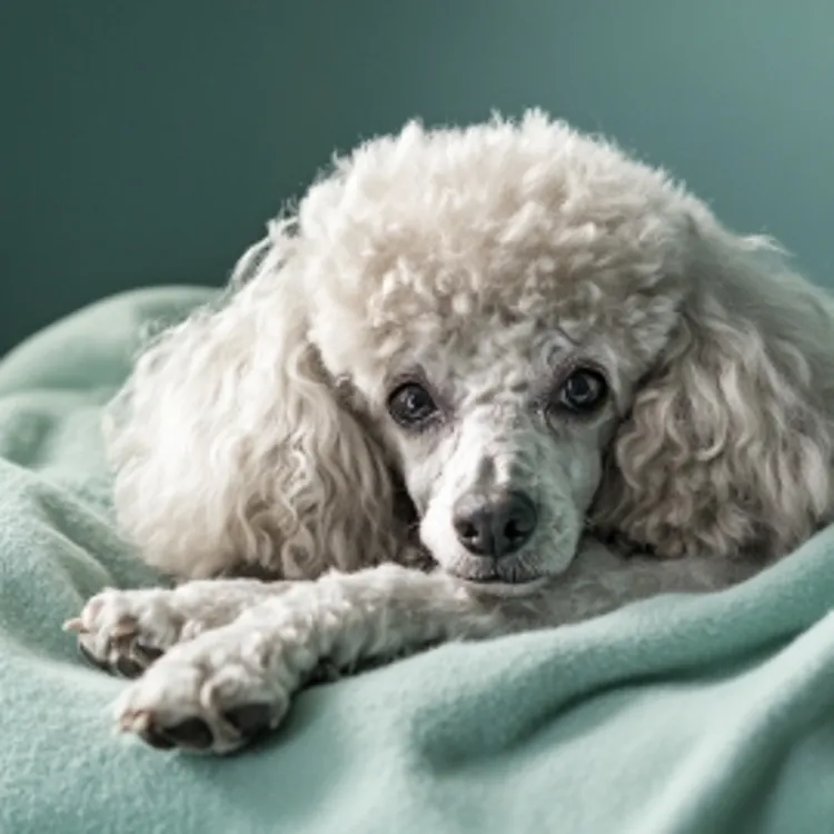 an elderly white poodle