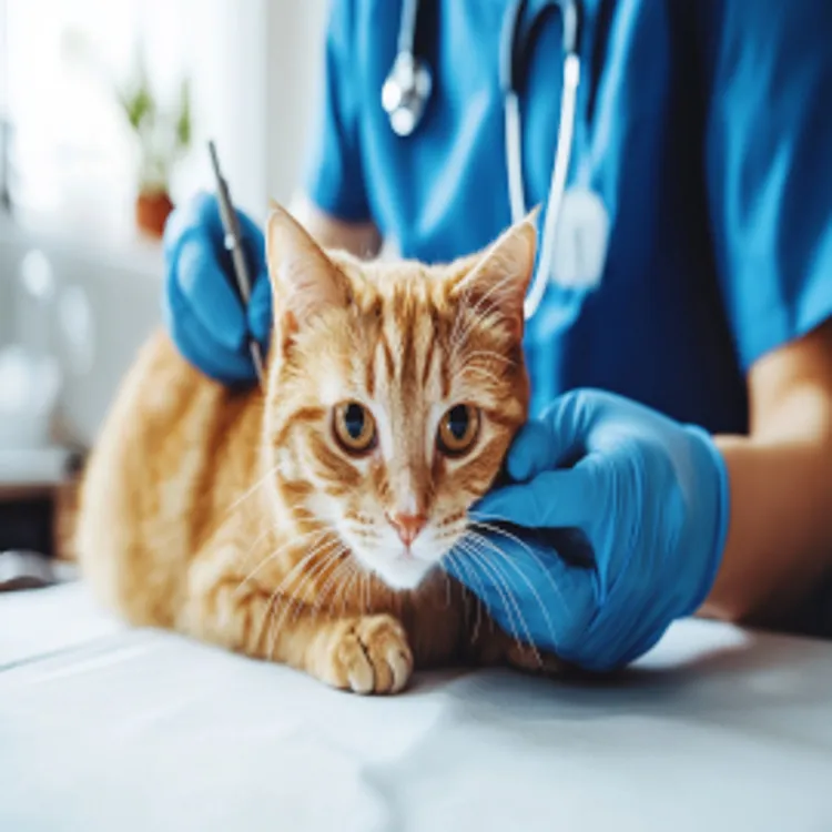 ginger cat being examined by a vet