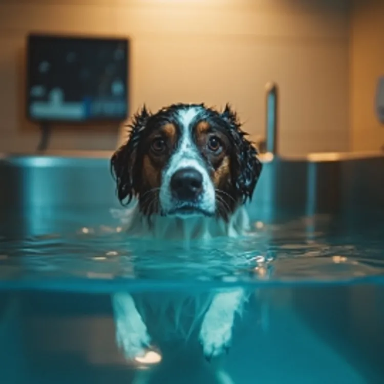 a dog in a hydrotherapy tank