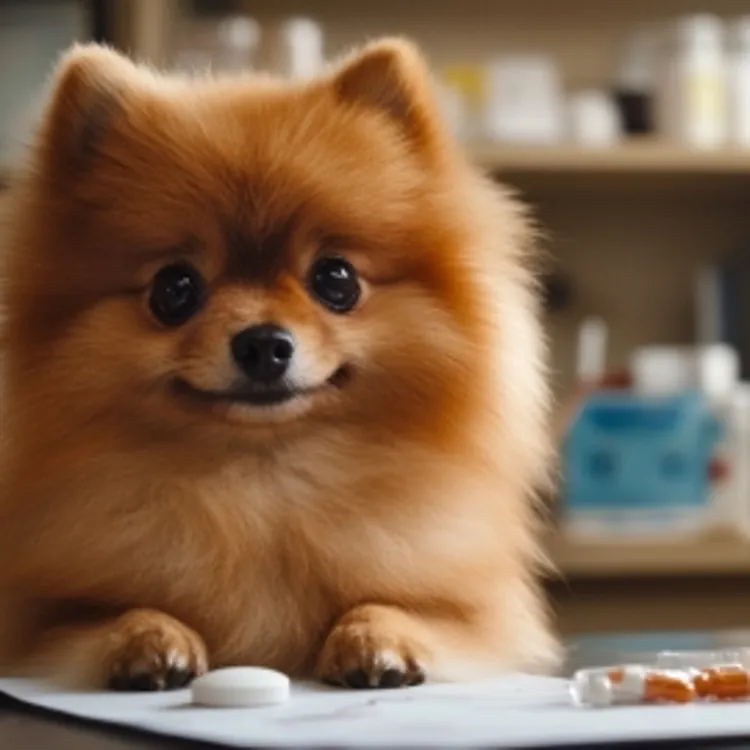 a pomeranian at a vet's office with pills in front of it