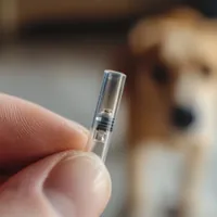 a microchip in the foreground with a dog in the background
