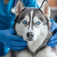 a husky being examined by a vet
