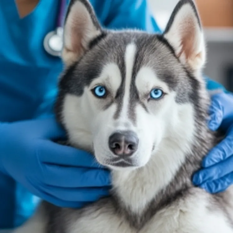 a husky being examined by a vet
