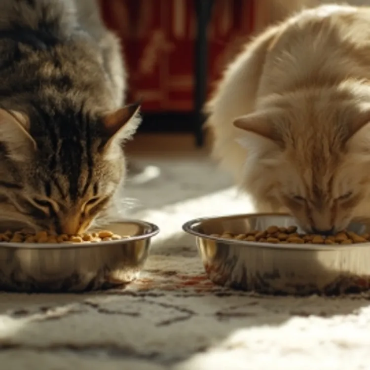 two cats eating of their respective bowls