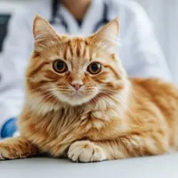 a ginger cat on a vet's table
