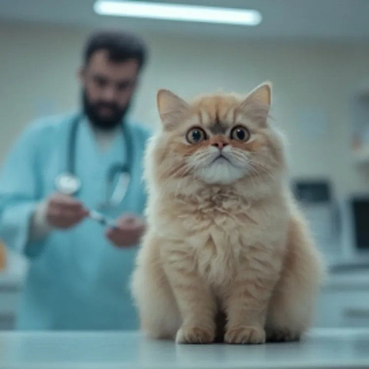 a ginger cat on a vet table in the foreground, with a vet in the background