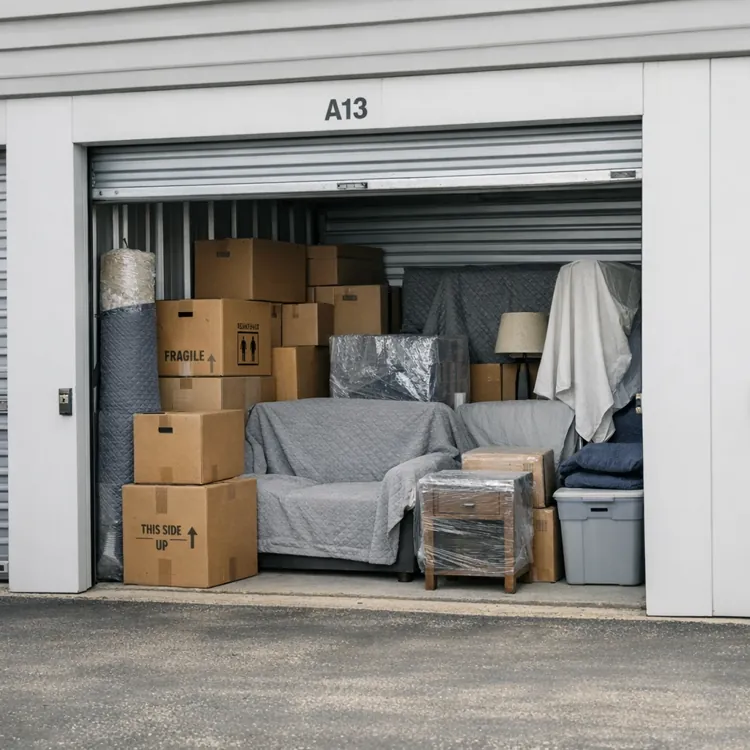 Open storage unit filled with cardboard boxes, covered furniture, and household items.
