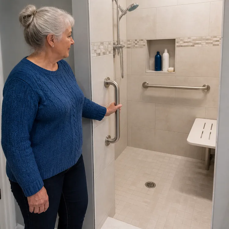 Older woman standing at the entrance of a walk-in shower with grab bars and a shower seat