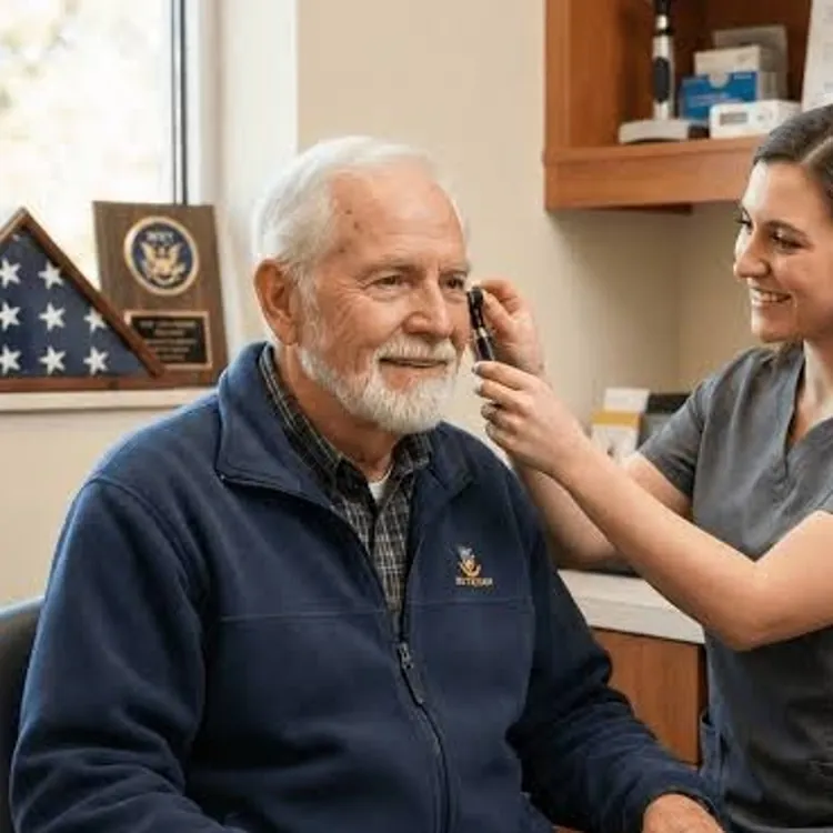 Audiologist fitting a hearing aid on an older man seated in a clinic room