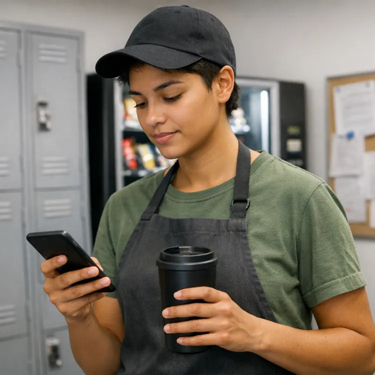 An employee checks their phone during a break in a workplace break room.