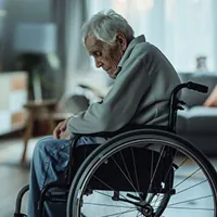 a sad elderly man in a wheelchair