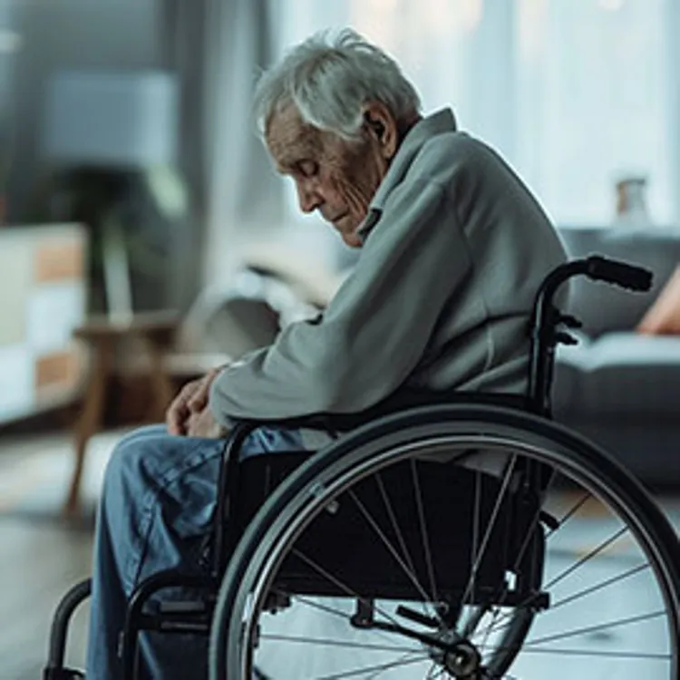 a sad elderly man in a wheelchair