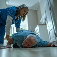 an elderly man on the floor being helped by a caregiver