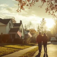 couple walking in front of suburban houses