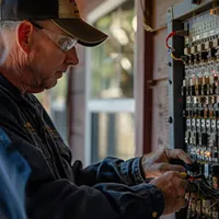 an electrician fixing main electrical switchboard
