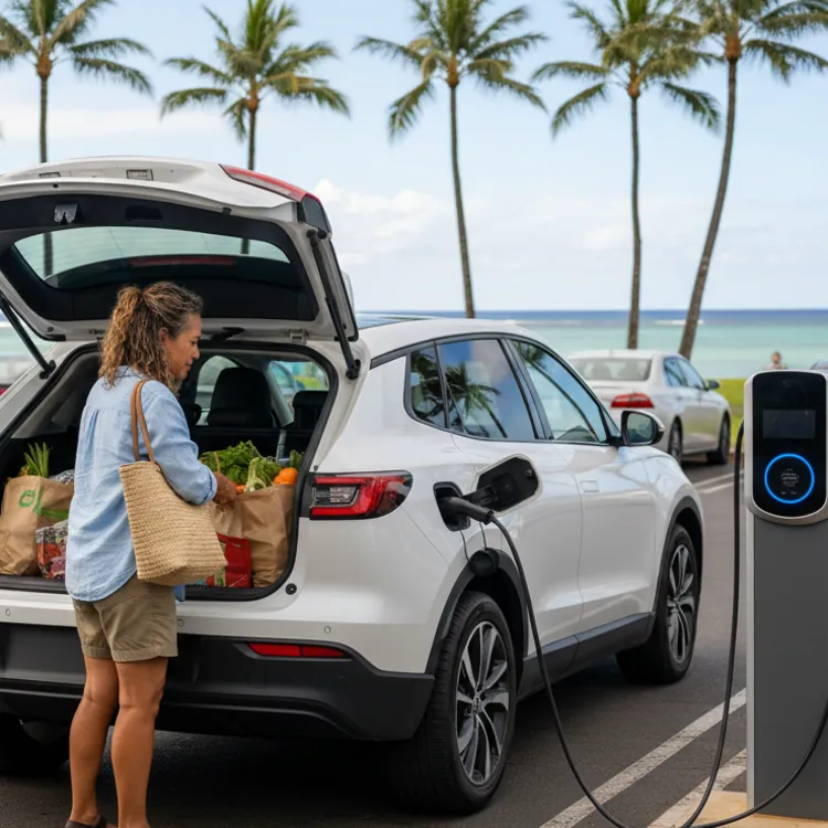 Woman loads groceries into white electric SUV charging at beachside parking lot with palm trees