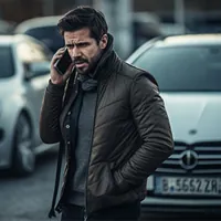 man talking on mobile phone in front of cars
