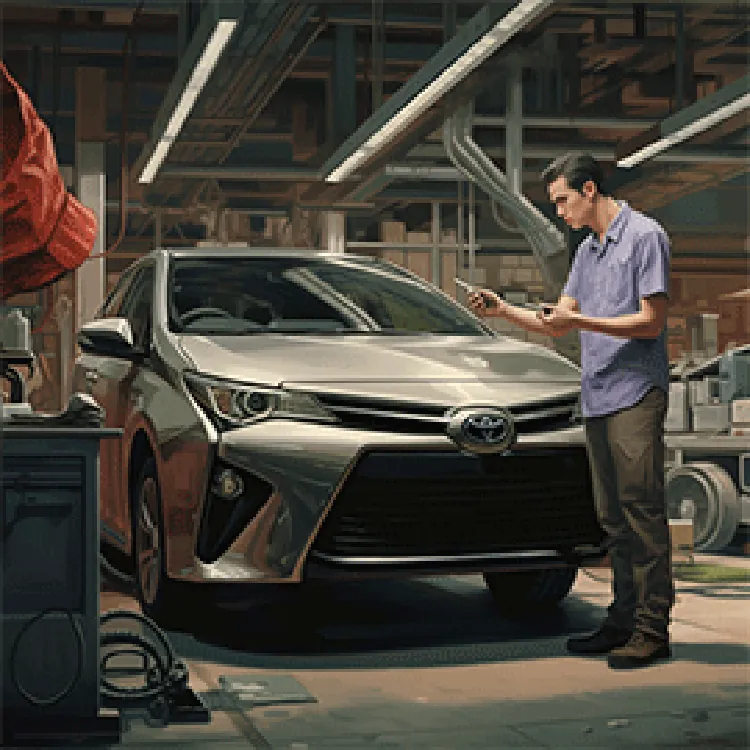 A guy checking on a car in a maintenance facility