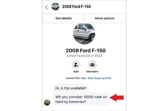 Screenshot of a Facebook Marketplace chat about a 2008 Ford F-150 with a cash offer message